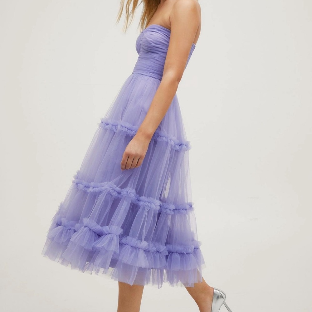 Strapless Lavender Tulle Midi Dress